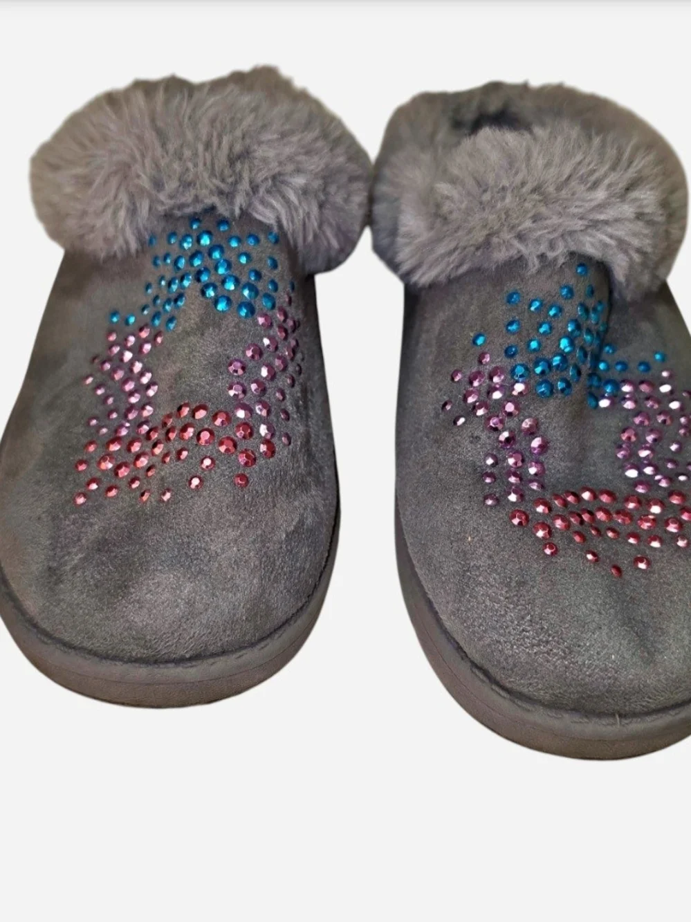 Skechers Kids Gray Faux-Fur Slip-On Slippers with Pink & Blue Accents